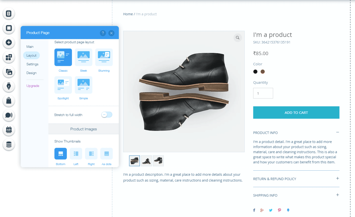 Customizing product pages using Wix website builder