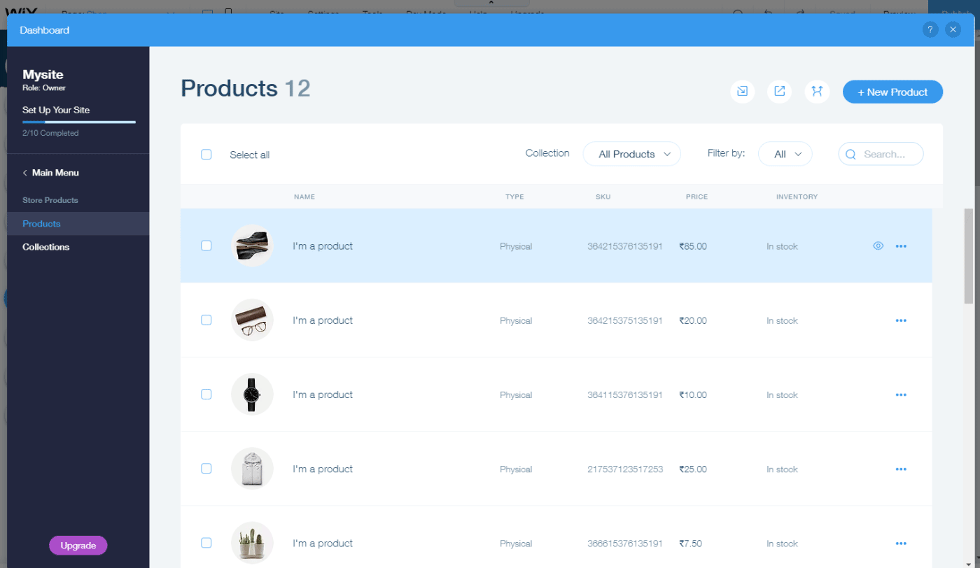 Store management screen - Wix