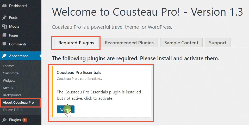 intalling required plugins - cousteau pro from cssigniter