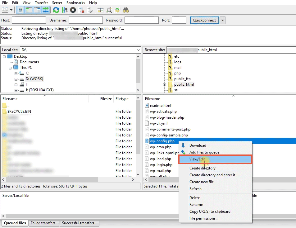 opening wp-config file using filezilla
