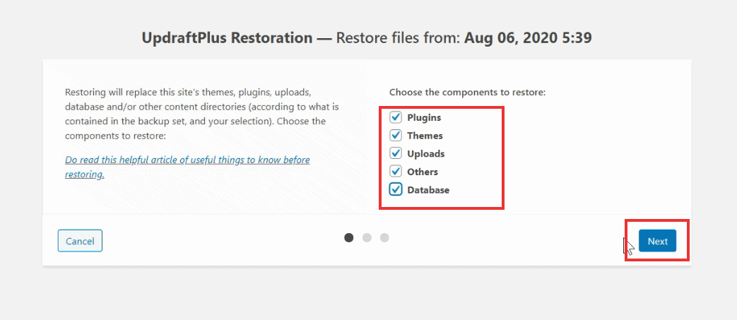 select restore components