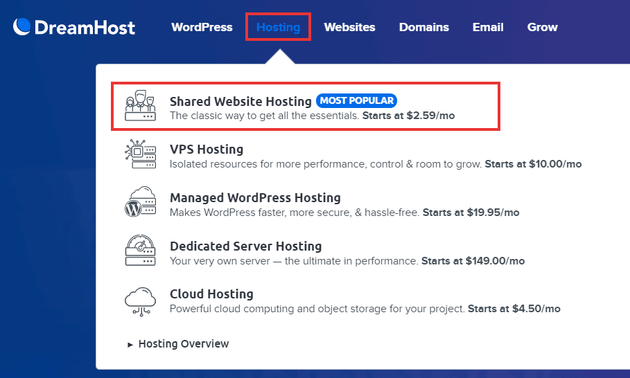 dreamhost shared hosting plans