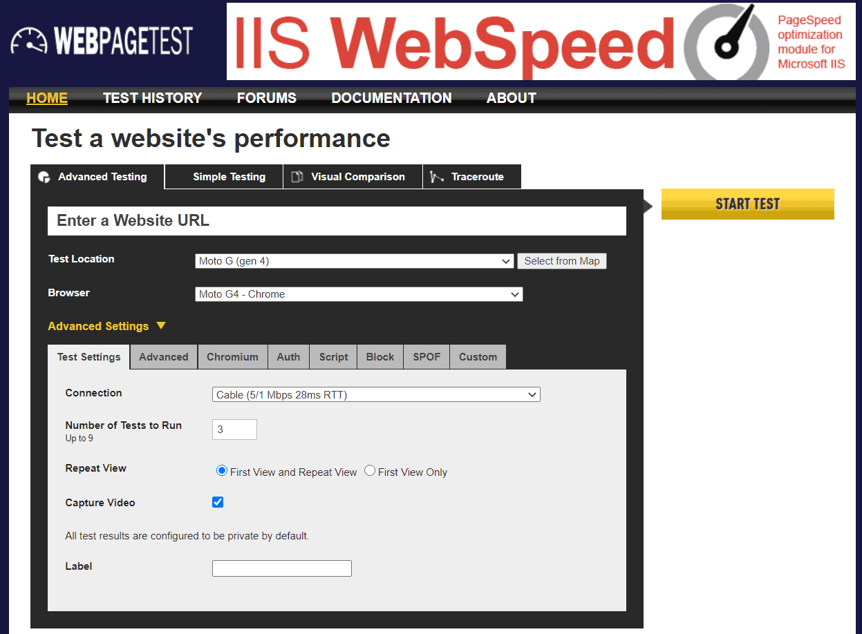 webpagetest home page