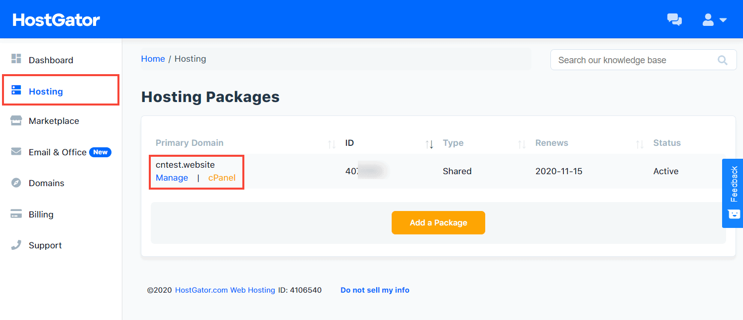 manage hosting packages on hostgator
