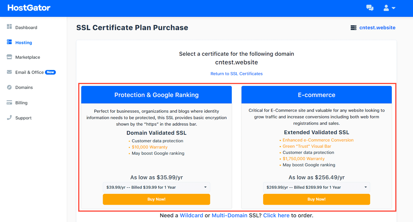 ssl certificate plans on hostgator
