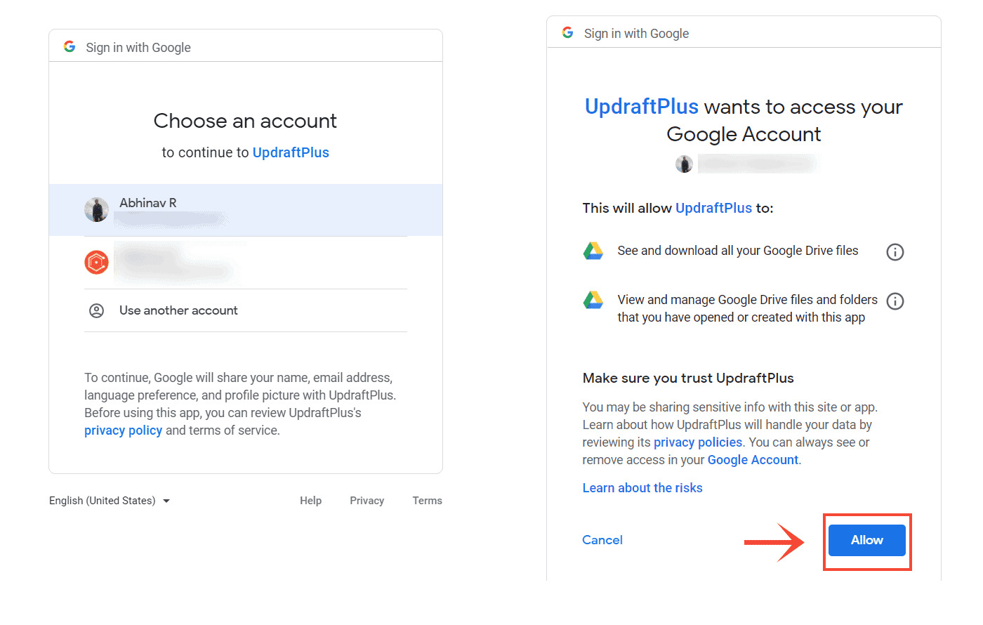 giving updraftplus access to Google Drive