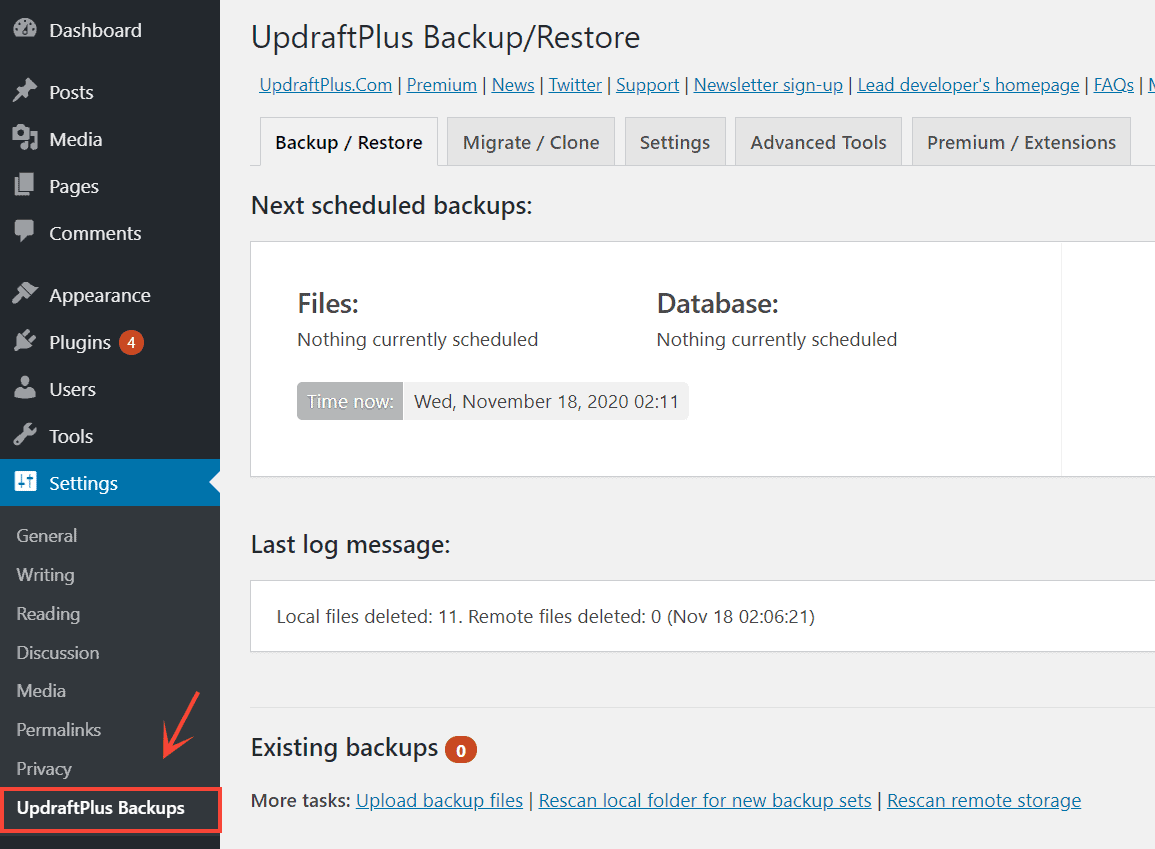 updraftplus settings page