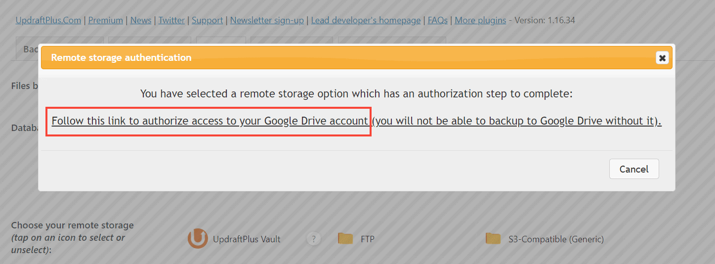 authorize updraftplus with Google Drive