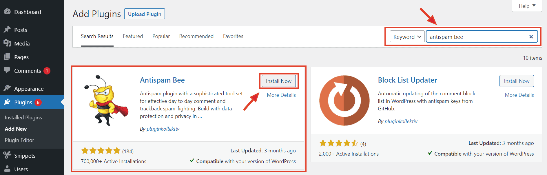 installing Antispam Bee from WordPress Plugins directory