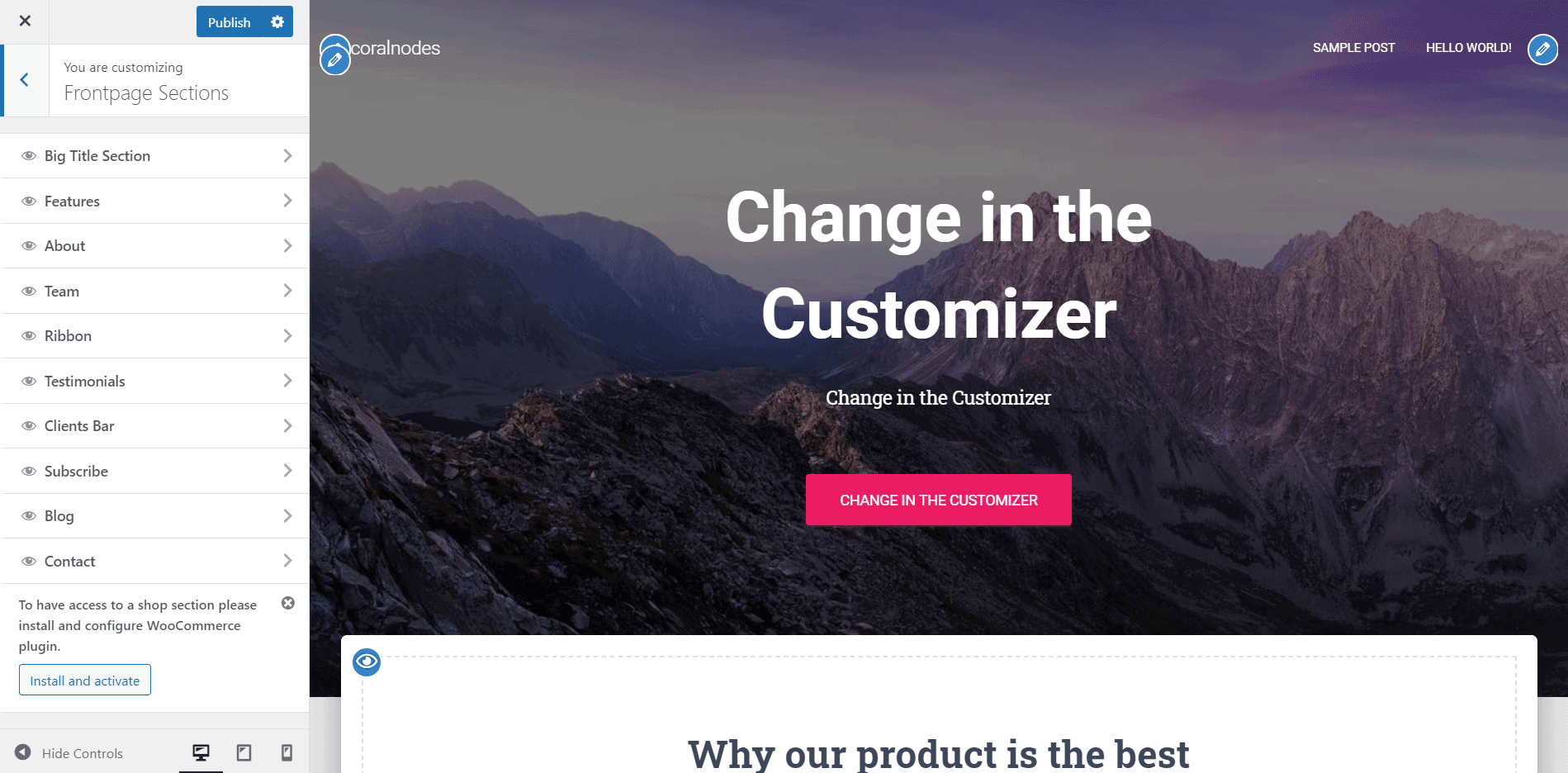 frontpage sections in hestia customizer