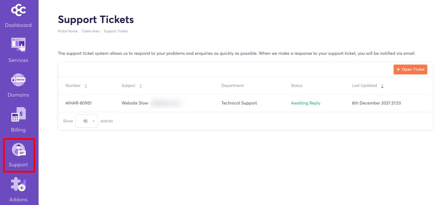 support tickets page - Chemicloud client area