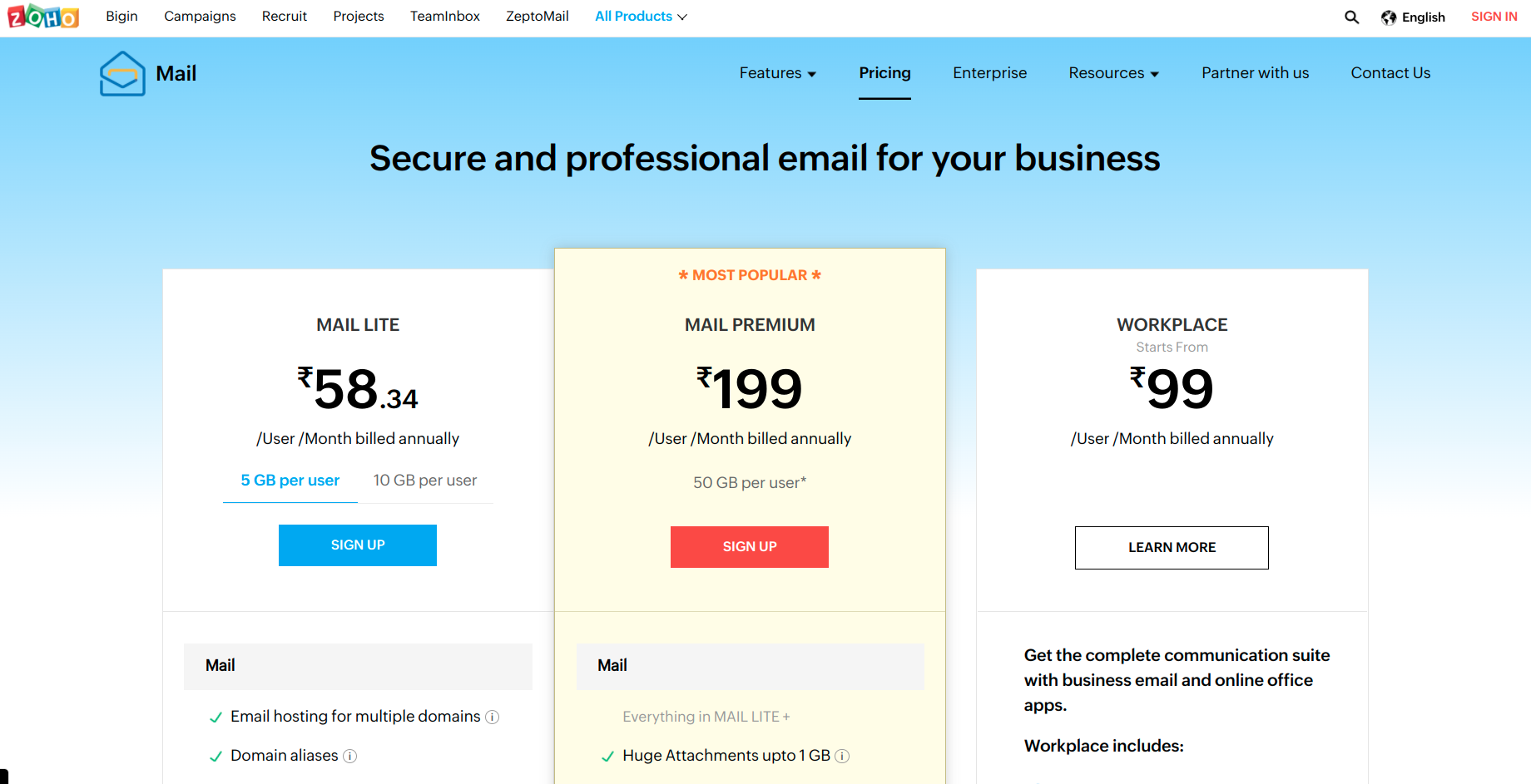 Zoho Mail Pricing